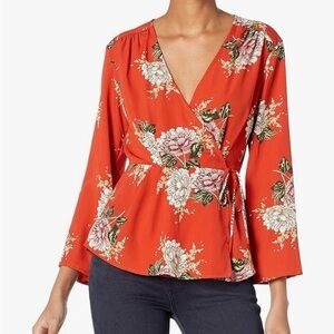 ASTR The Label Women’s Floral Wrap Top Size S Peplum Flowy Sleeve Red/Orange